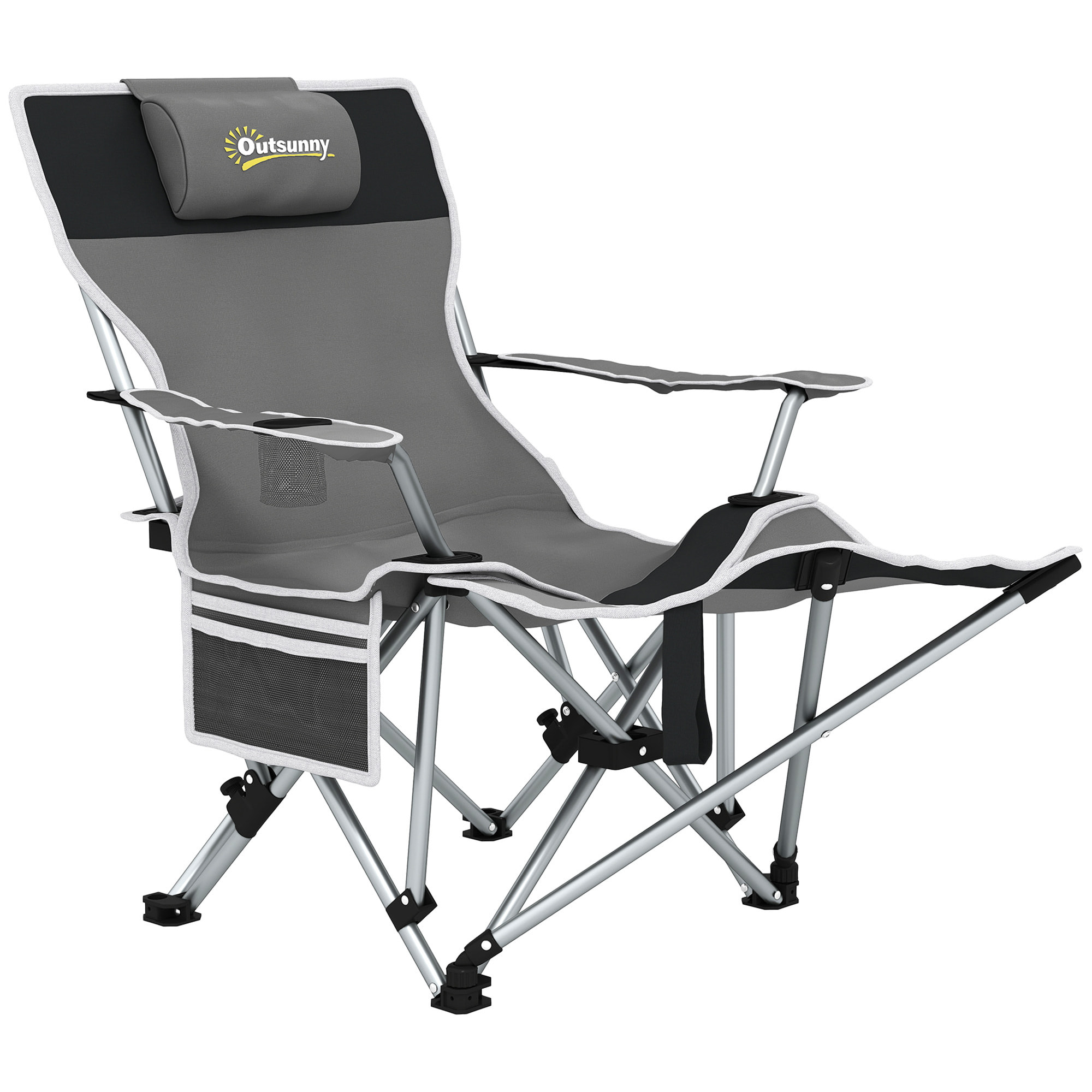 Chaise de camping pliante - repose-pied amovible, rangements - sac transport - gris