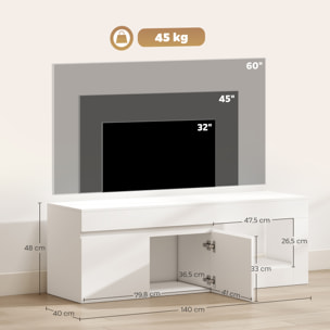 Mueble de TV Moderno, Mesa de TV para Salón con 2 Puertas, Estante Abierto, para Televisión 60 Pulgadas, 140x40x48 cm, Blanco