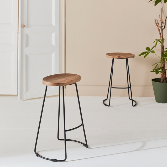 Tabouret de bar bois de manguier et acier 65cm avec repose pieds (lot de 2) JAYA