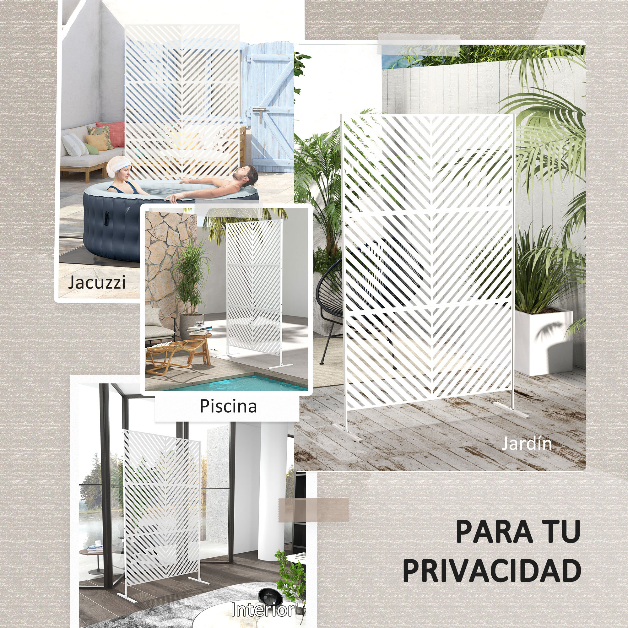 Biombo de Exterior Separador de Ambientes con 3 Piezas Patrón de Triángulo Invertido con Marco de Acero Pantalla de Privacidad para Patio Terraza Jardín 122x45x198 cm Blanco