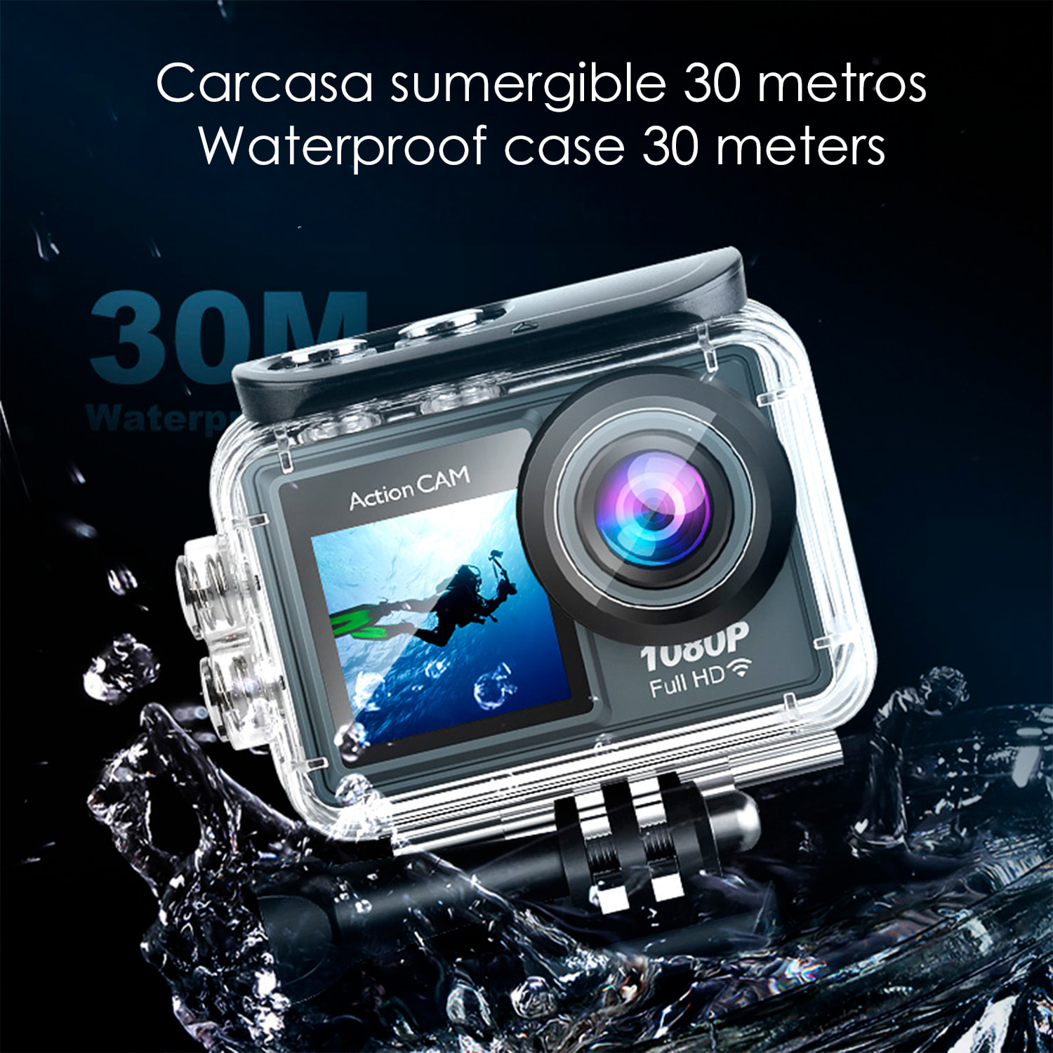 Cámara Sportiva AT-G40 1080FHD con 12 mpx, doppio schermo di 2" e 1.3" con una moltitudine di accessori sportivi e WIFI.