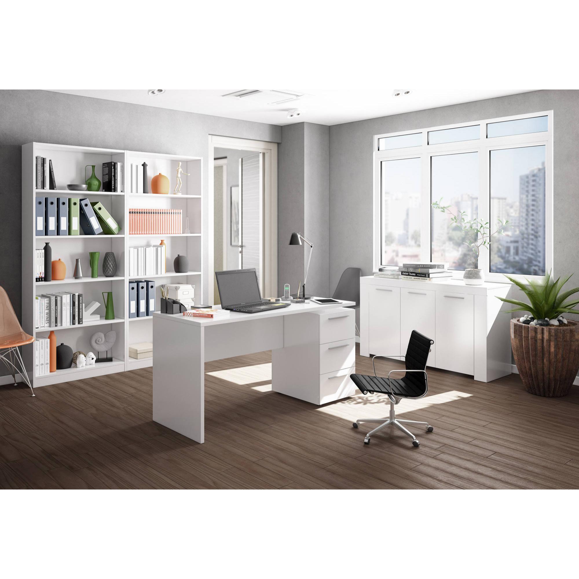 Scrivania Dallas, Scrittoio da ufficio moderno, Tavolo da studio con cassettiera a 2 cassetti e 1 anta, cm 138x60h74, Bianco