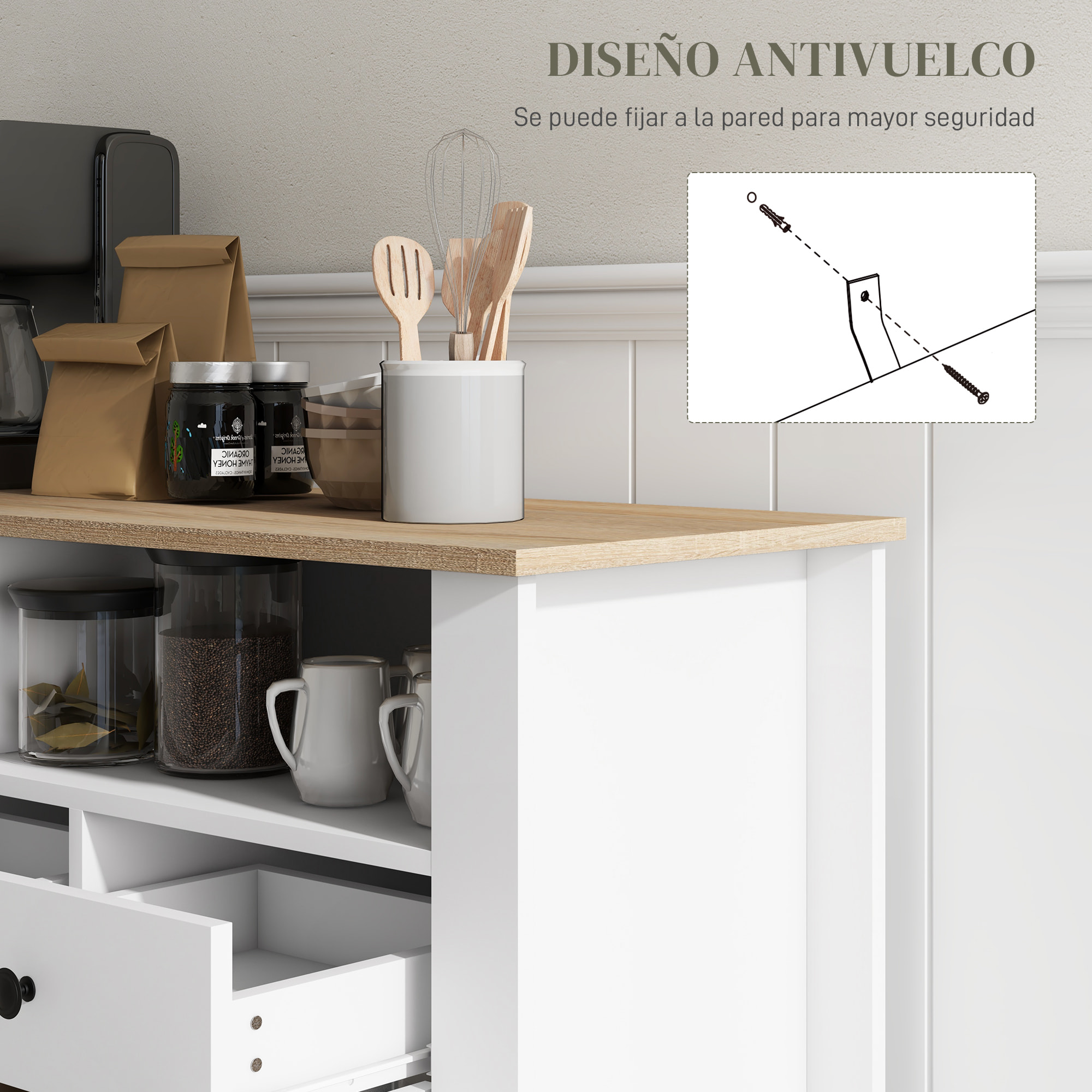 Aparador de Cocina Mesa para Televisores de 50 Pulgadas con 3 Cajones 2 Puertas 2 Estantes Abiertas y 2 Estantes Ajustables Estilo Moderno 120x38x81,5 cm Blanco