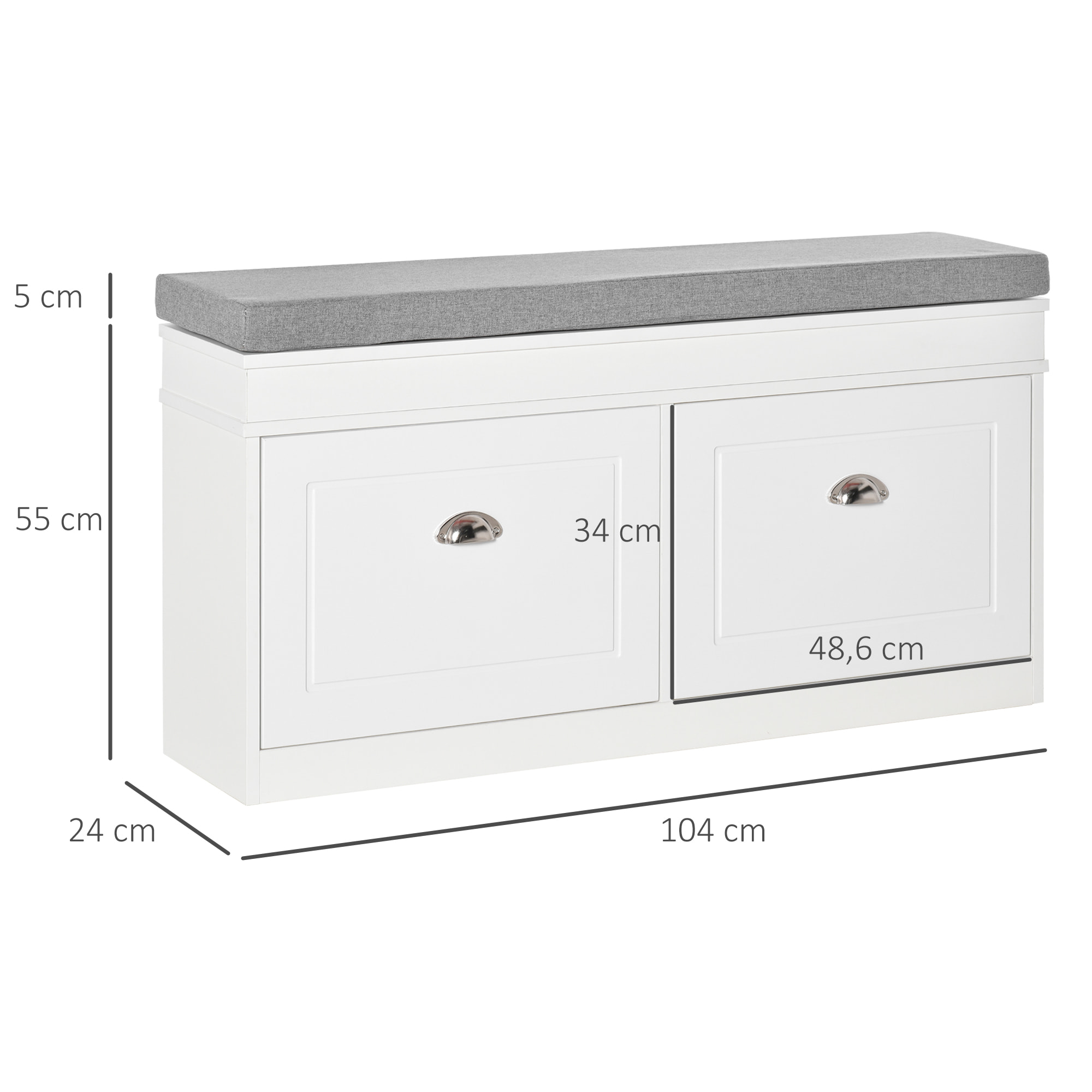 HOMCOM Banco Zapatero Banco de Almacenamiento para 8 Pares de Zapatos con 2 Cajones Estantes Ajustables y Cojín Acolchado para Entrada Pasillo 104x24x55 cm Blanco