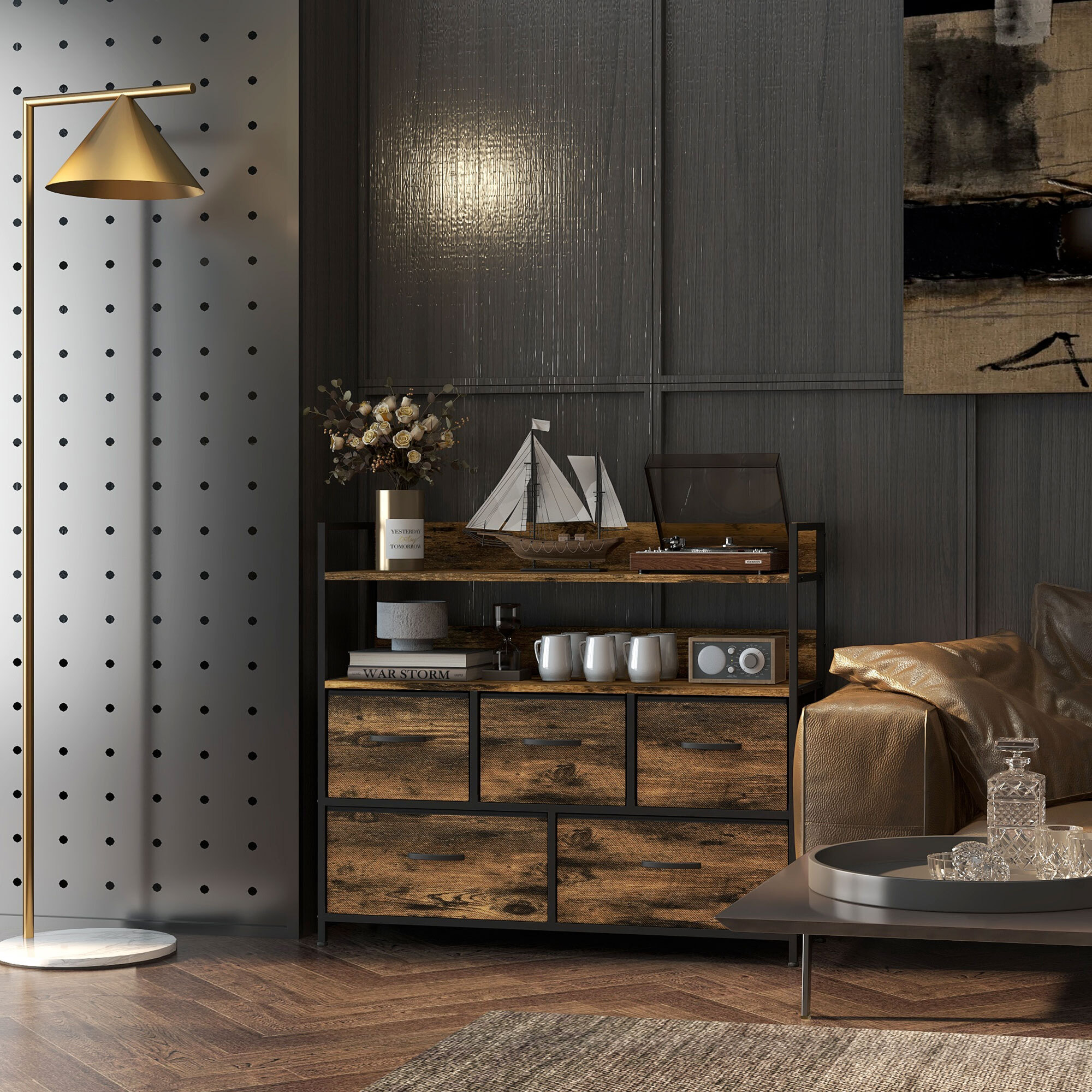 Commode 7 tiroirs non tissés pliables - structure acier noir - plateau MDF - aspect bois vieilli