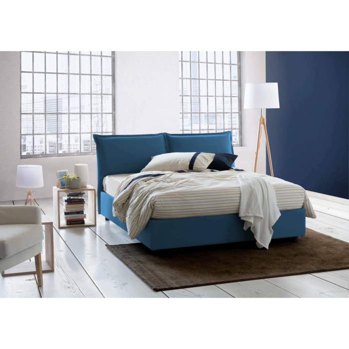 Letto alla francese Annica, Letto contenitore in tessuto, Apertura frontale, con materasso Cm 140x200 incluso, 100% Made in Italy, Blu