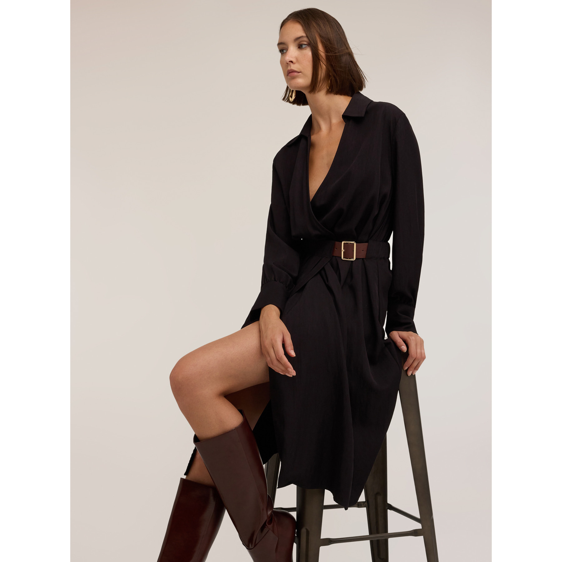 Motivi - Vestido camisero en twill drapeado - Negro