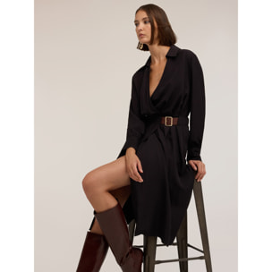 Motivi - Vestido camisero en twill drapeado - Negro