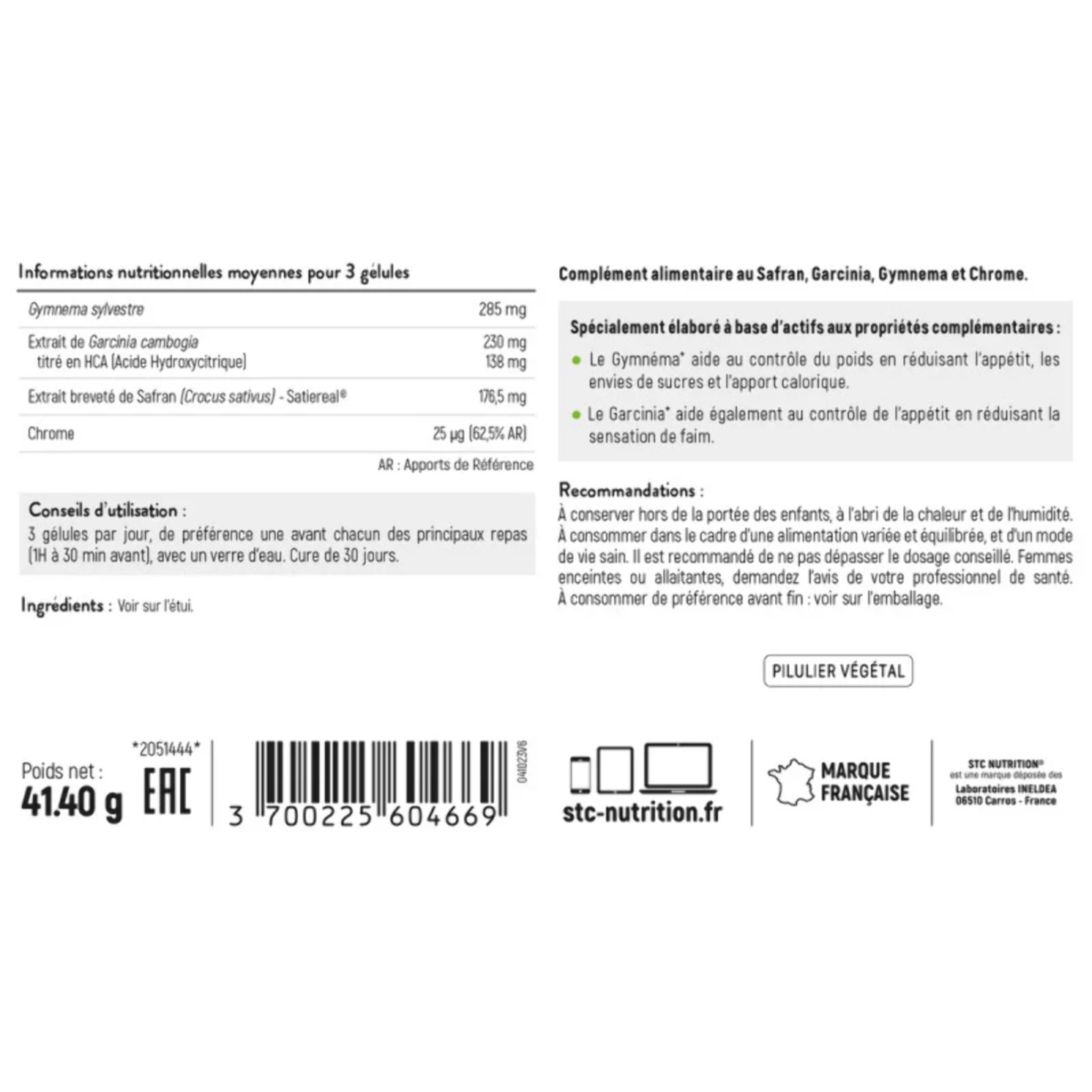 Satieline® - Action stop faim & fringales - Réduits les envies de sucre - Résultats prouvés - Vegan - Actif breveté - Cure 30 jours