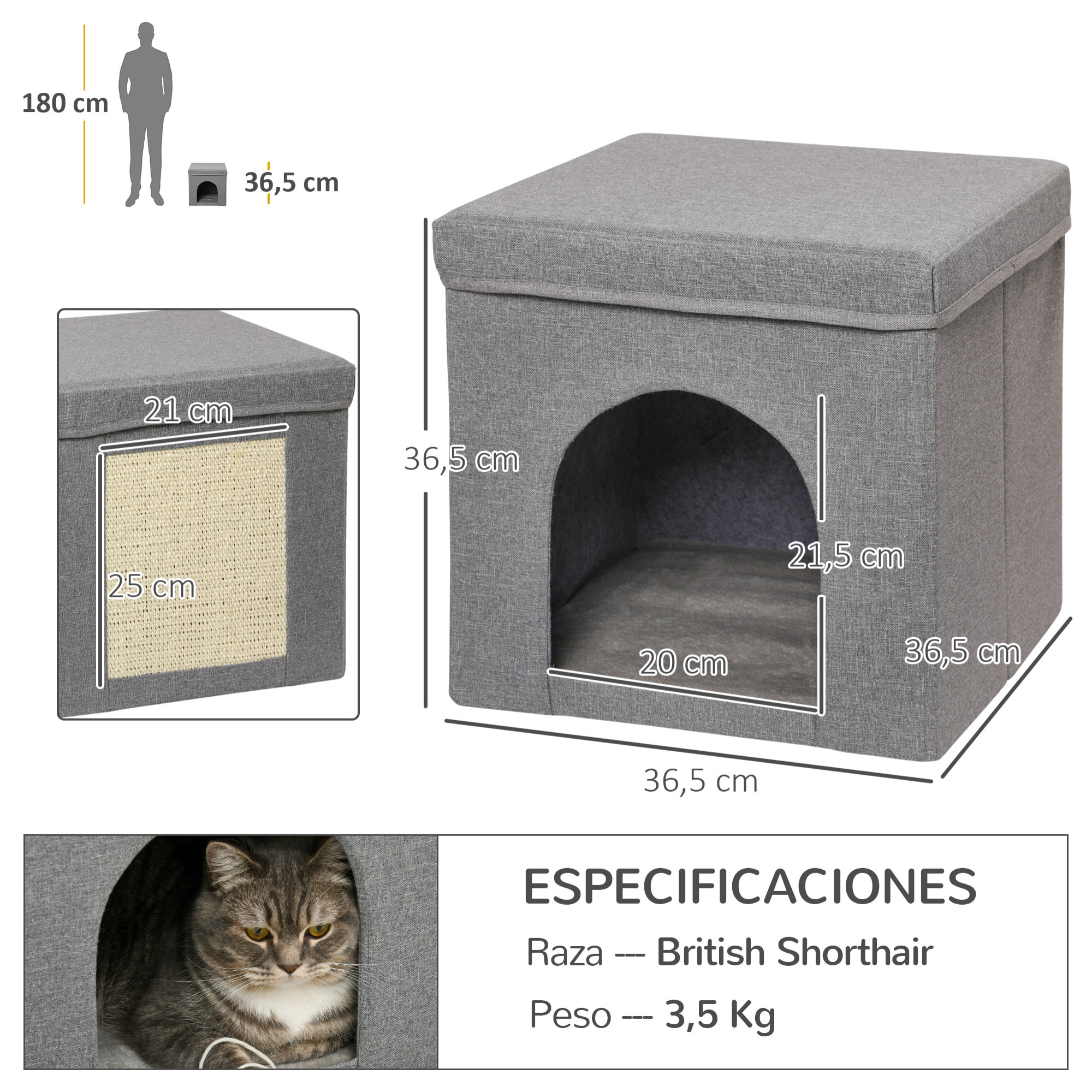 Casa para Gatos Cama para Gatos Casita para Gatos con Tablero de Rascar y Puerta para Interior 36,5x36,5x36,5 cm Gris