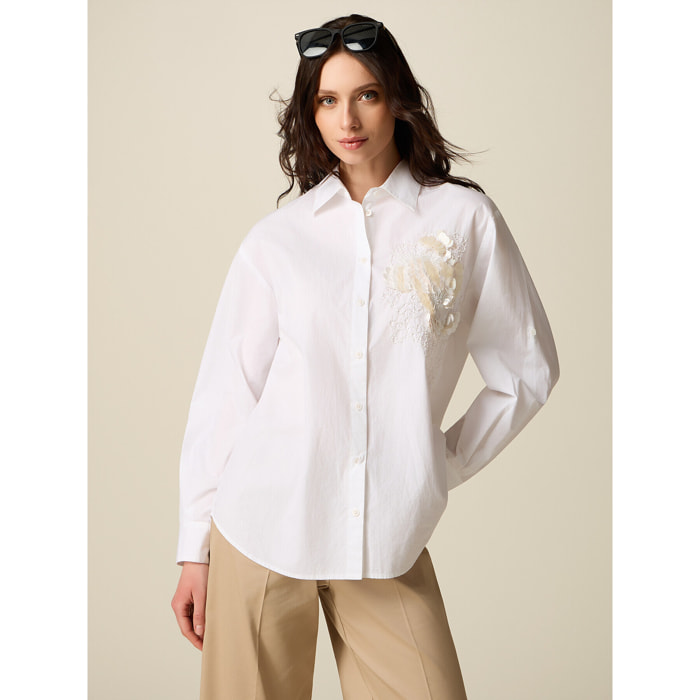 Oltre - Camicia in cotone con ricamo floreale - Bianco