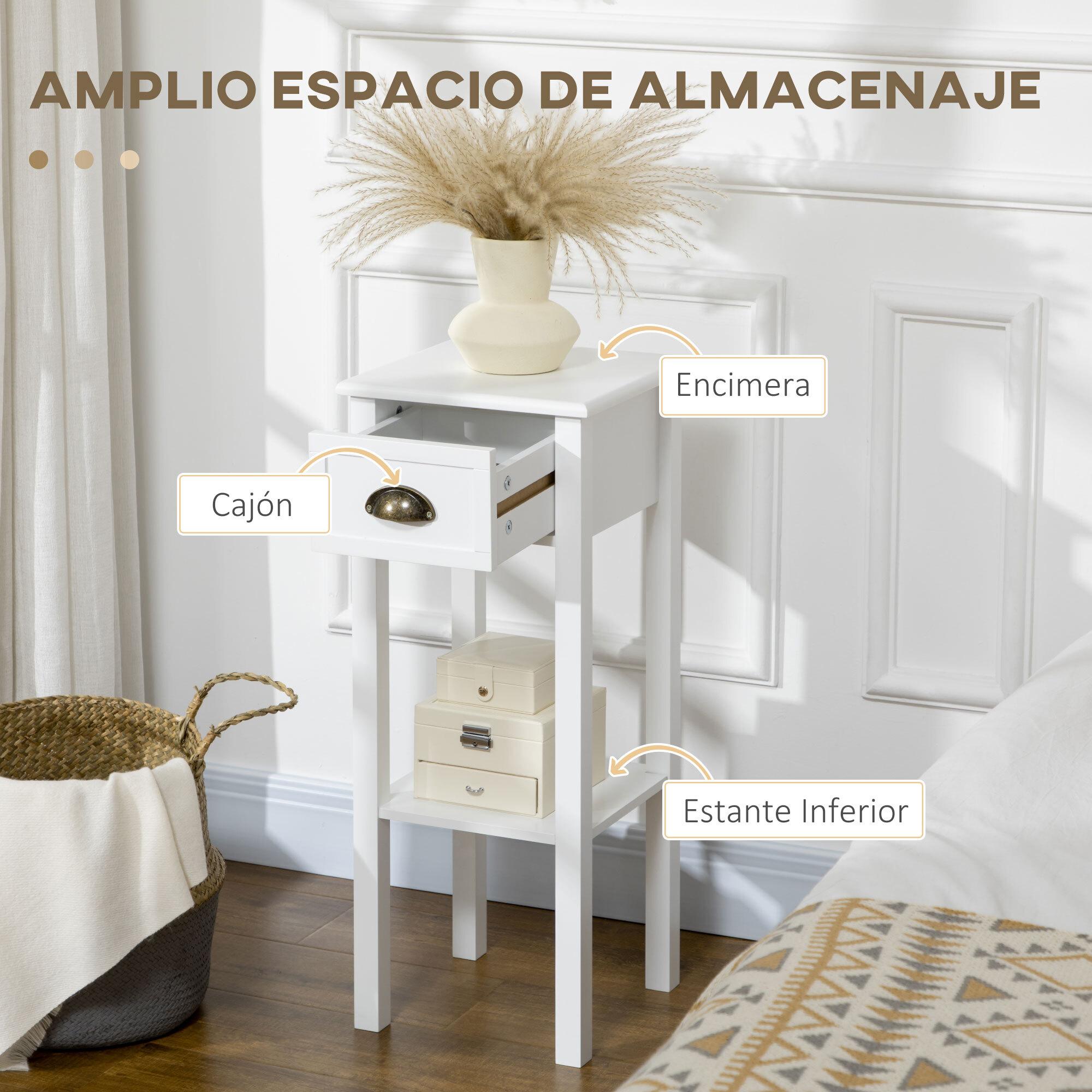 Conjunto de 2 Mesas Auxiliares Mesitas de Noche con Cajón y Estante de Almacenamiento Estilo Moderno para Salón Dormitorio 30x30x75 cm Blanco
