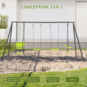 Balançoire 4 agrès portique avec 2 balançoires et 2 face à face dim. 3,55L x 1,84l x 1,86H m acier époxy gris PE vert