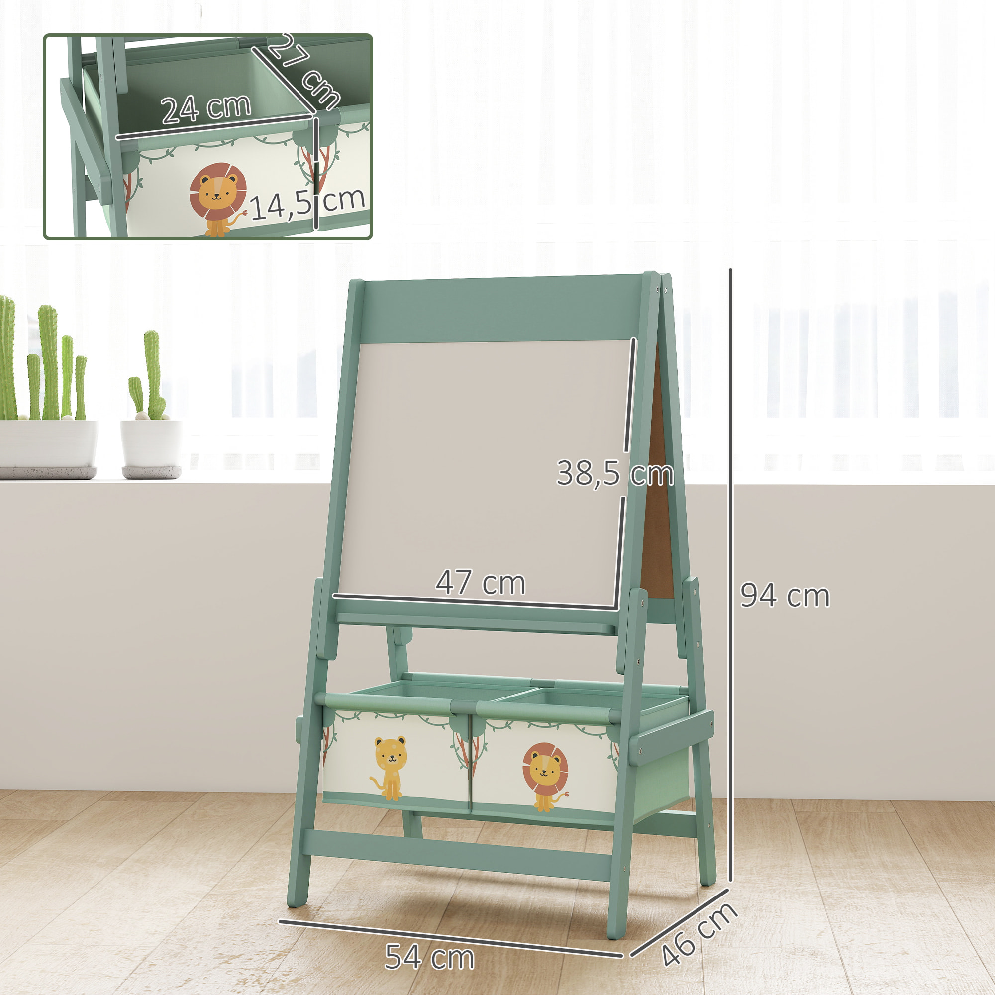 Pizarra Infantil Caballete 3 en 1 Pizarra Infantil de Doble Cara Caballete de Pintura para Niños de +3 Años con Rollo de Papel y Cestas de Almacenamiento 54x46x94 cm Verde
