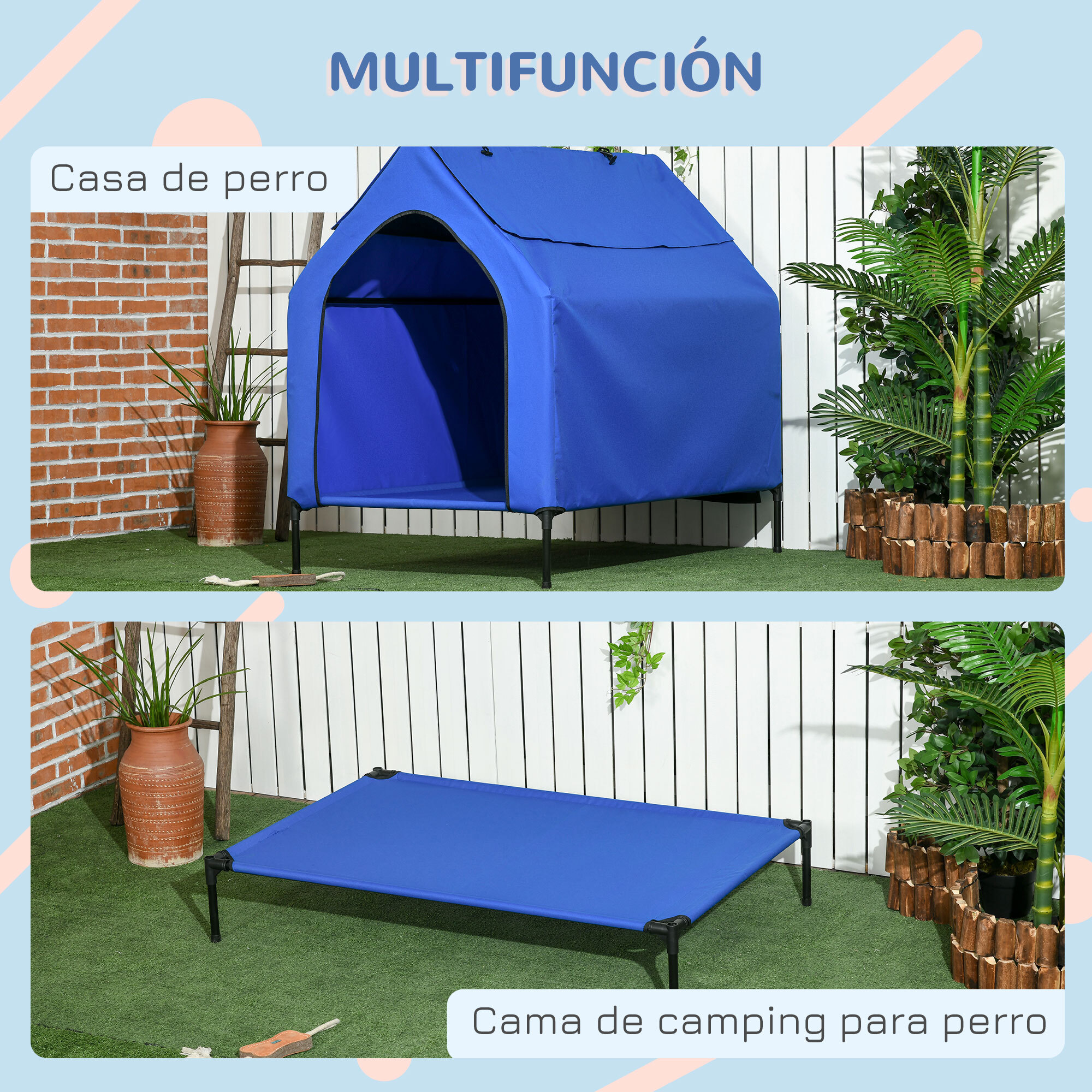 Caseta para Perros 130x85x121 cm Cama Elevada para Mascotas con Cubierta Desmontable y Ventanas de Malla para Perros Grandes y Extra Grandes Azul