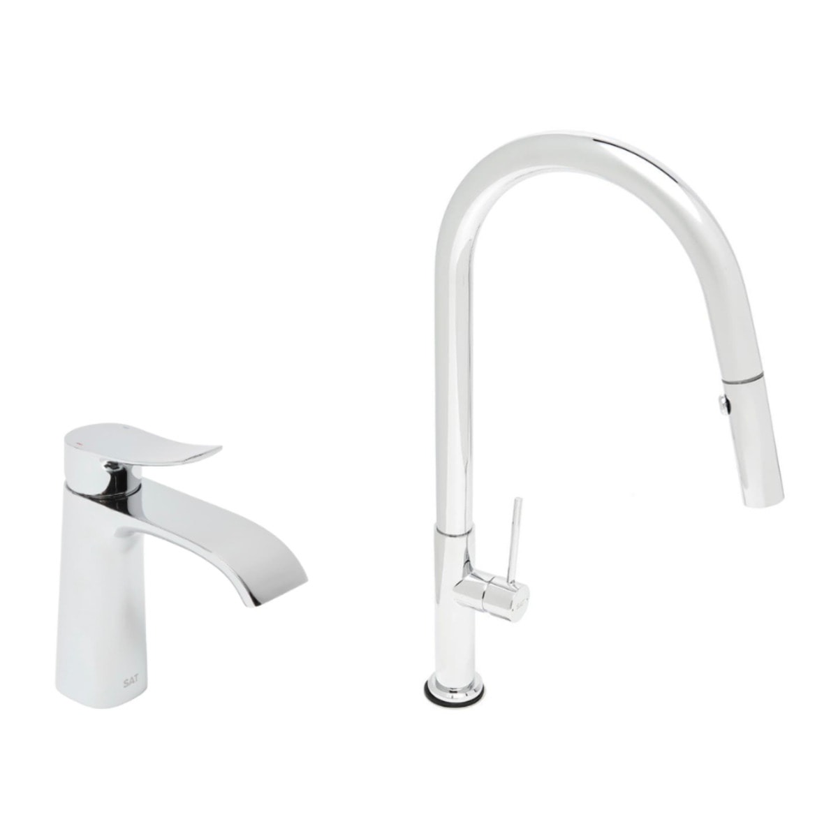 set mitigeur lavabo avec bec cascade + mitigeur cuisine, douchette extractible et bras pivotant, chrome (SATINFBSDBS271)