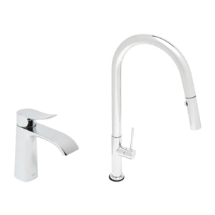 set mitigeur lavabo avec bec cascade + mitigeur cuisine, douchette extractible et bras pivotant, chrome (SATINFBSDBS271)