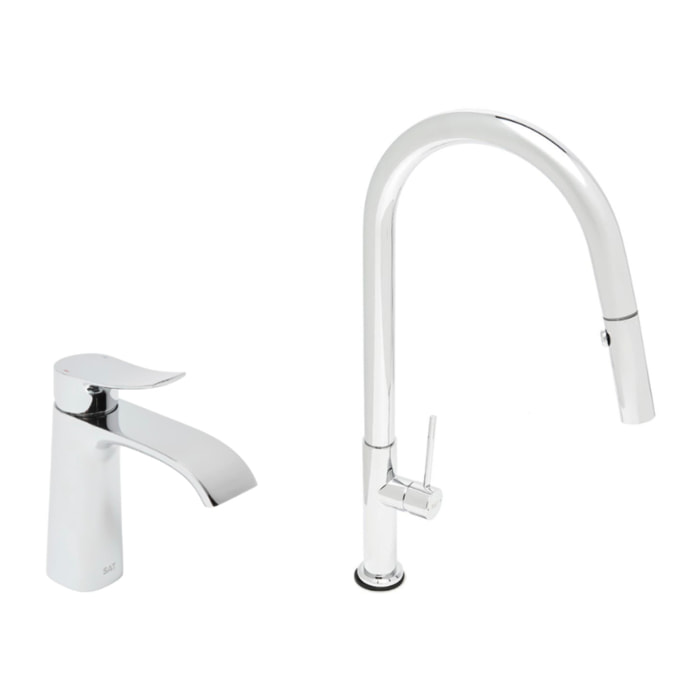 set mitigeur lavabo avec bec cascade + mitigeur cuisine, douchette extractible et bras pivotant, chrome (SATINFBSDBS271)