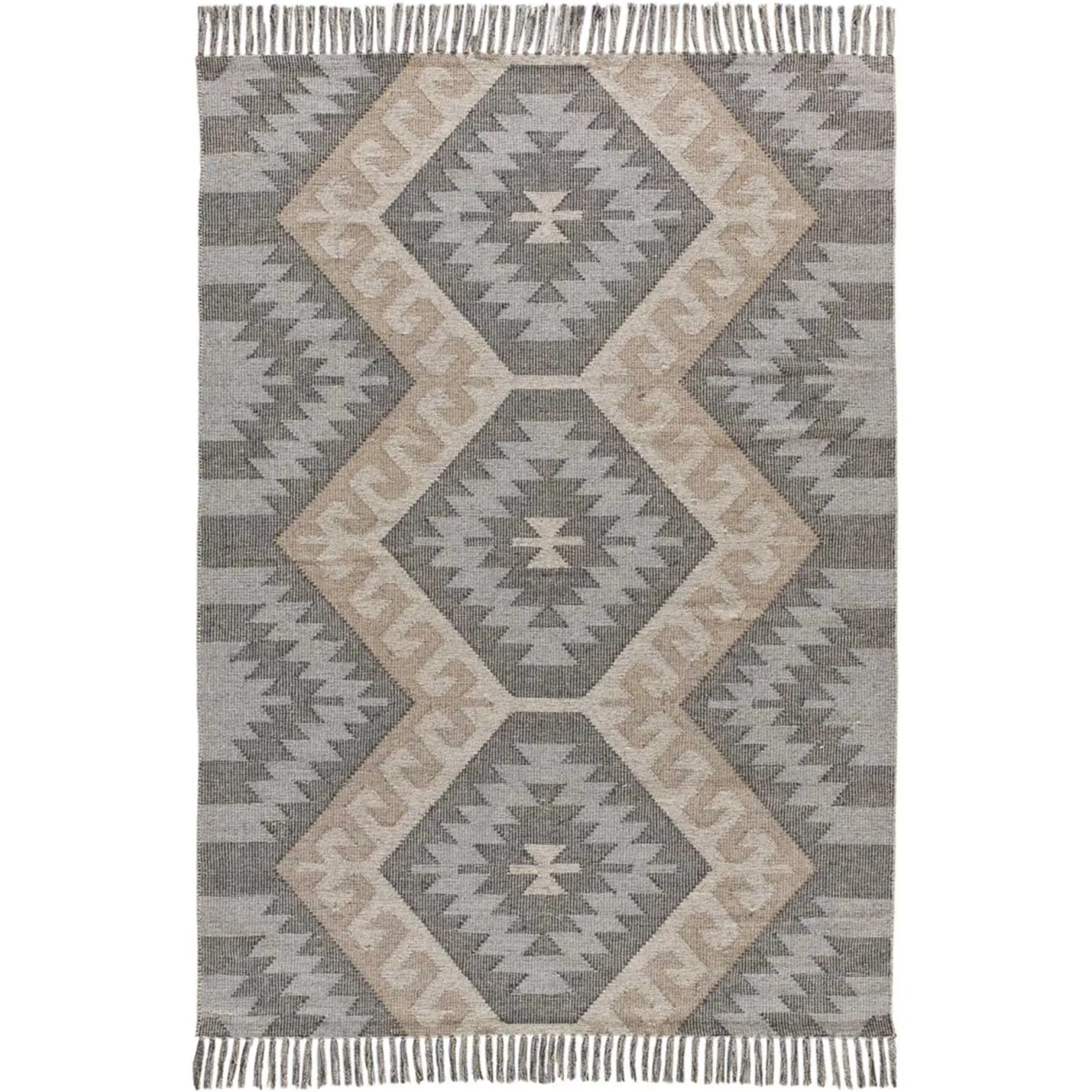 CHANDIA Alfombra kilim algodón reciclado con flecos en tonos gris, varias medidas disponibles