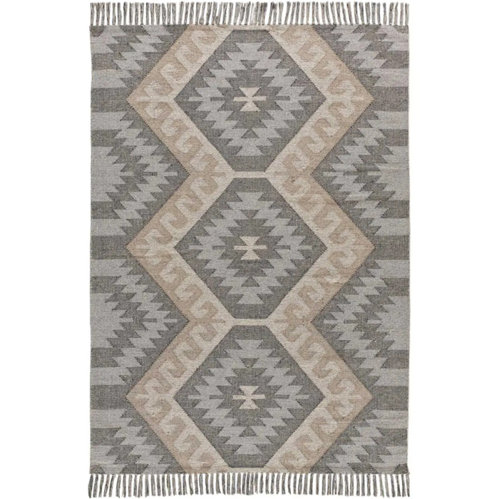 CHANDIA Alfombra kilim algodón reciclado con flecos en tonos gris, varias medidas disponibles