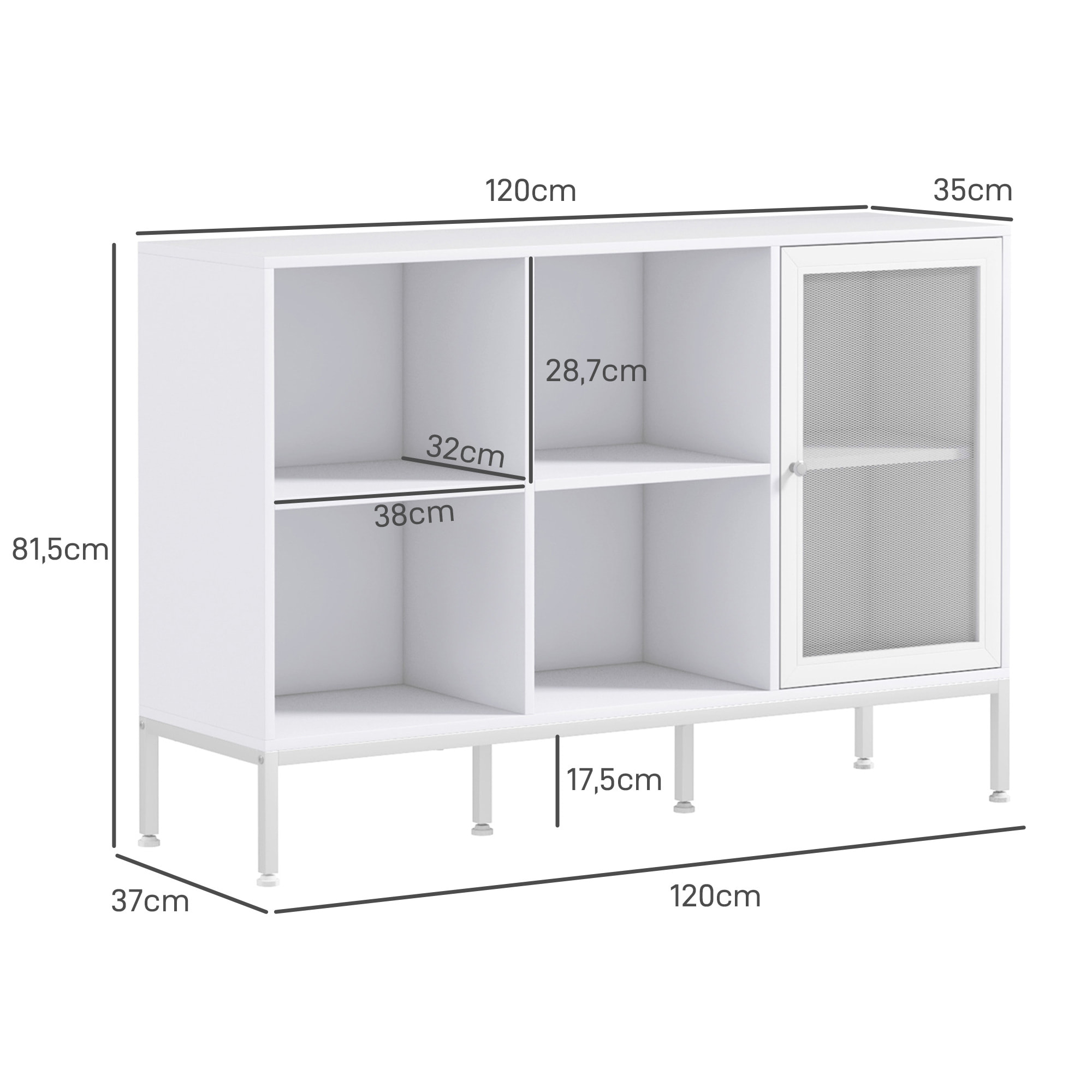 Buffet 4 compartiments porte grillagée avec étagère - dim. 120L x 37l x 81,5H cm - acier panneaux blanc