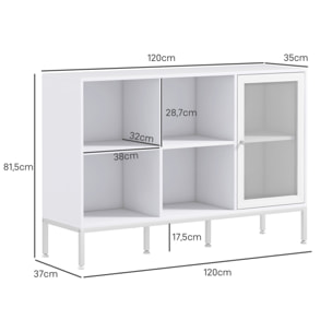 Buffet 4 compartiments porte grillagée avec étagère - dim. 120L x 37l x 81,5H cm - acier panneaux blanc