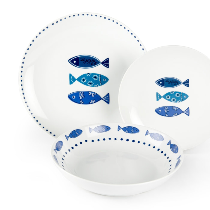 Service 18 assiettes Excelsa Ocean, porcelaine, blanc et bleu