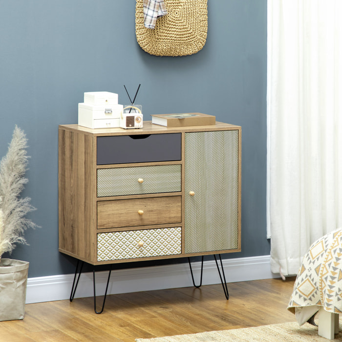 Buffet style industriel motif graphique - porte, étagère, 4 tiroirs - piètement épingle métal noir aspect bois