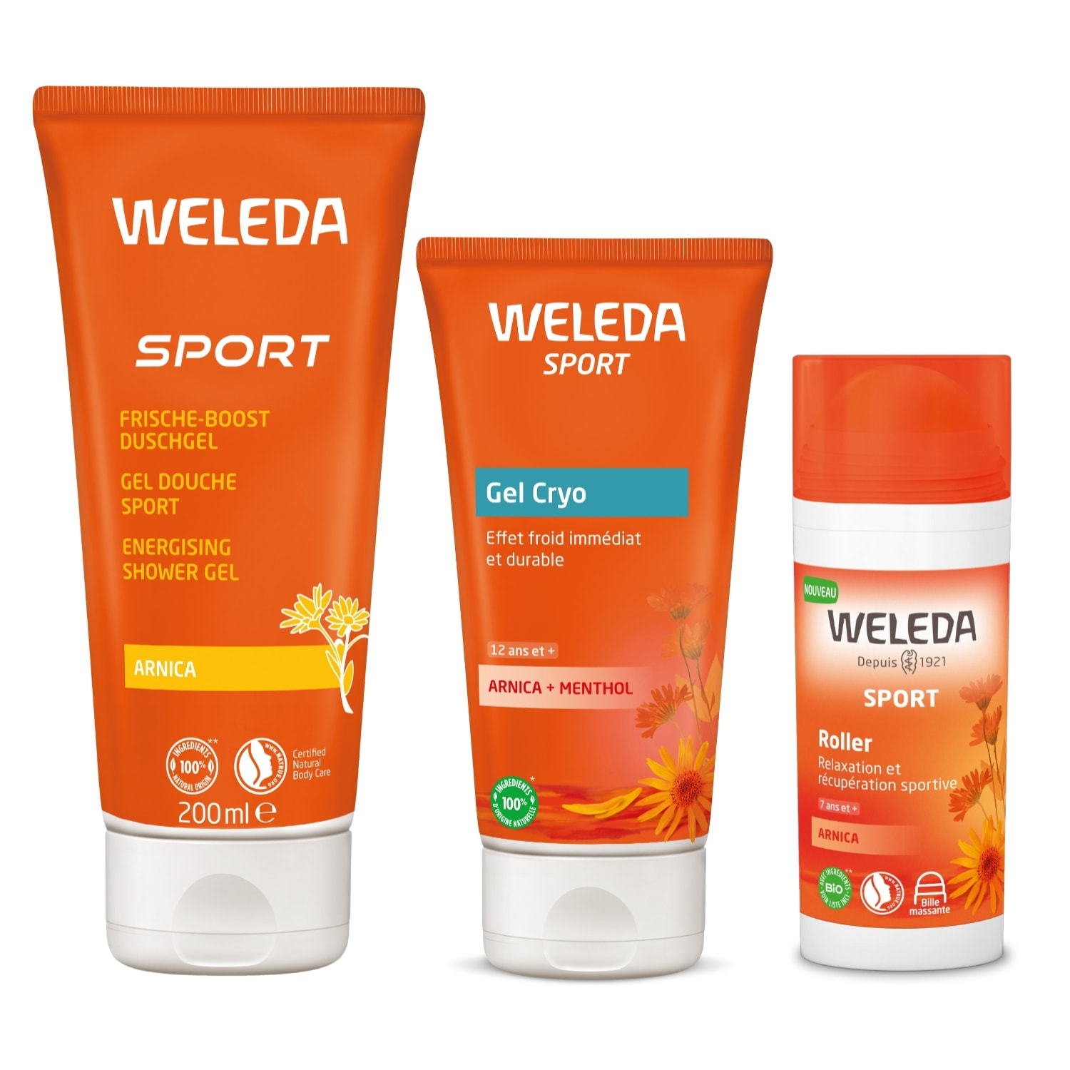 WELEDA - Trio Fraîcheur - Gel Douche Sport + Roller Arnica + Gel Cryo Arnica - Vegan* - Certifié Natrue** - Tube 200ml + Roll-on 75ml + Tube 100ml