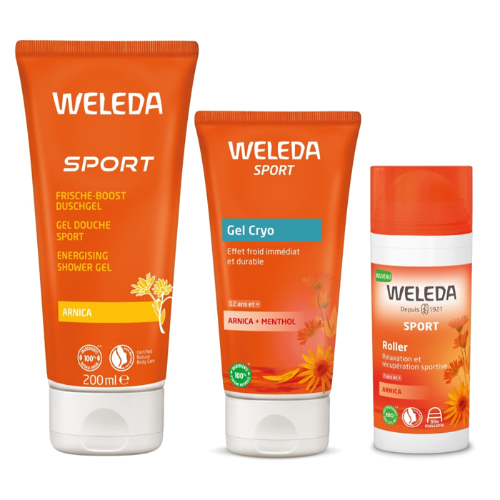 WELEDA - Trio Fraîcheur - Gel Douche Sport + Roller Arnica + Gel Cryo Arnica - Vegan* - Certifié Natrue** - Tube 200ml + Roll-on 75ml + Tube 100ml