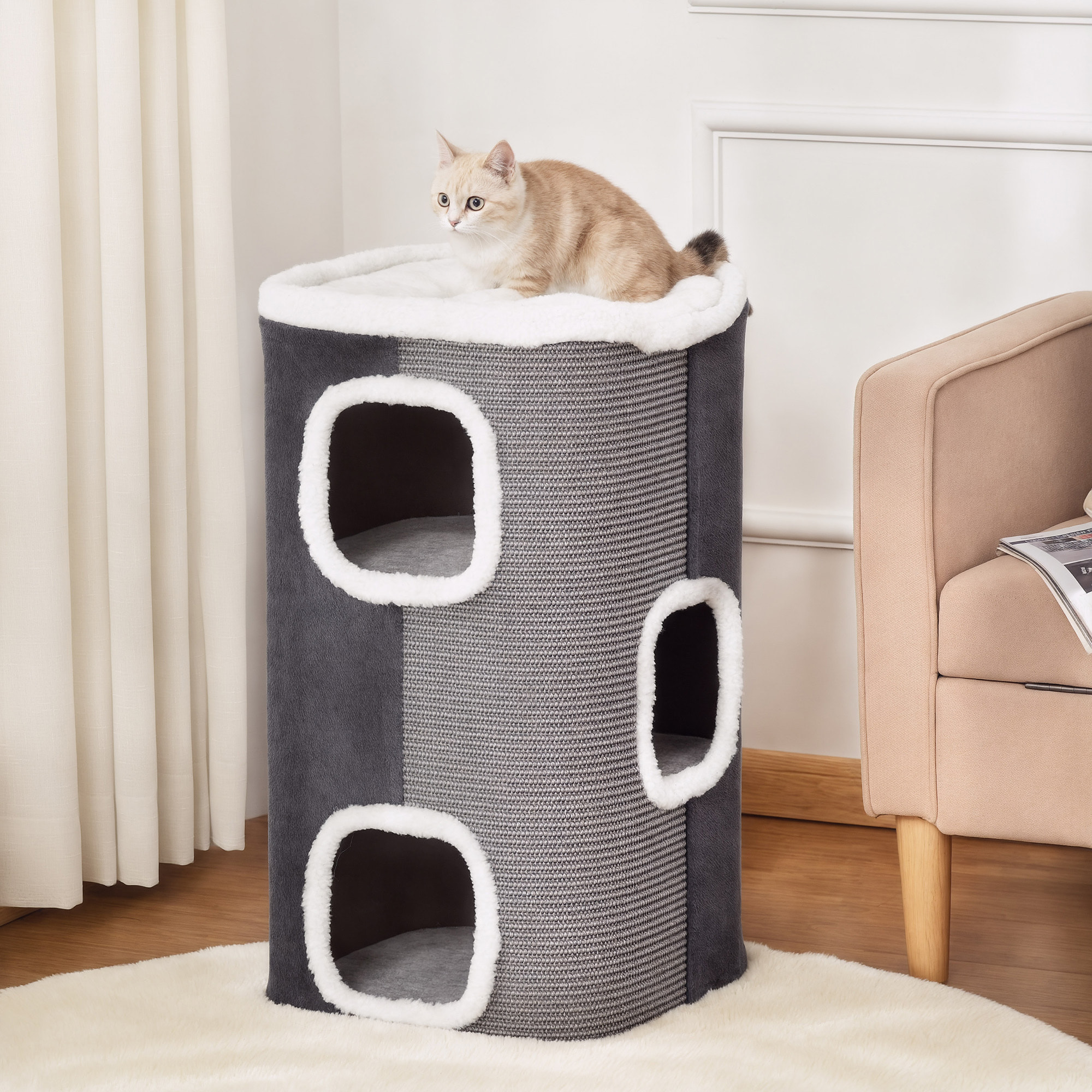 Tour à griffer chat 3 niv. - tonneau à gratter - plateforme observation avec coussin