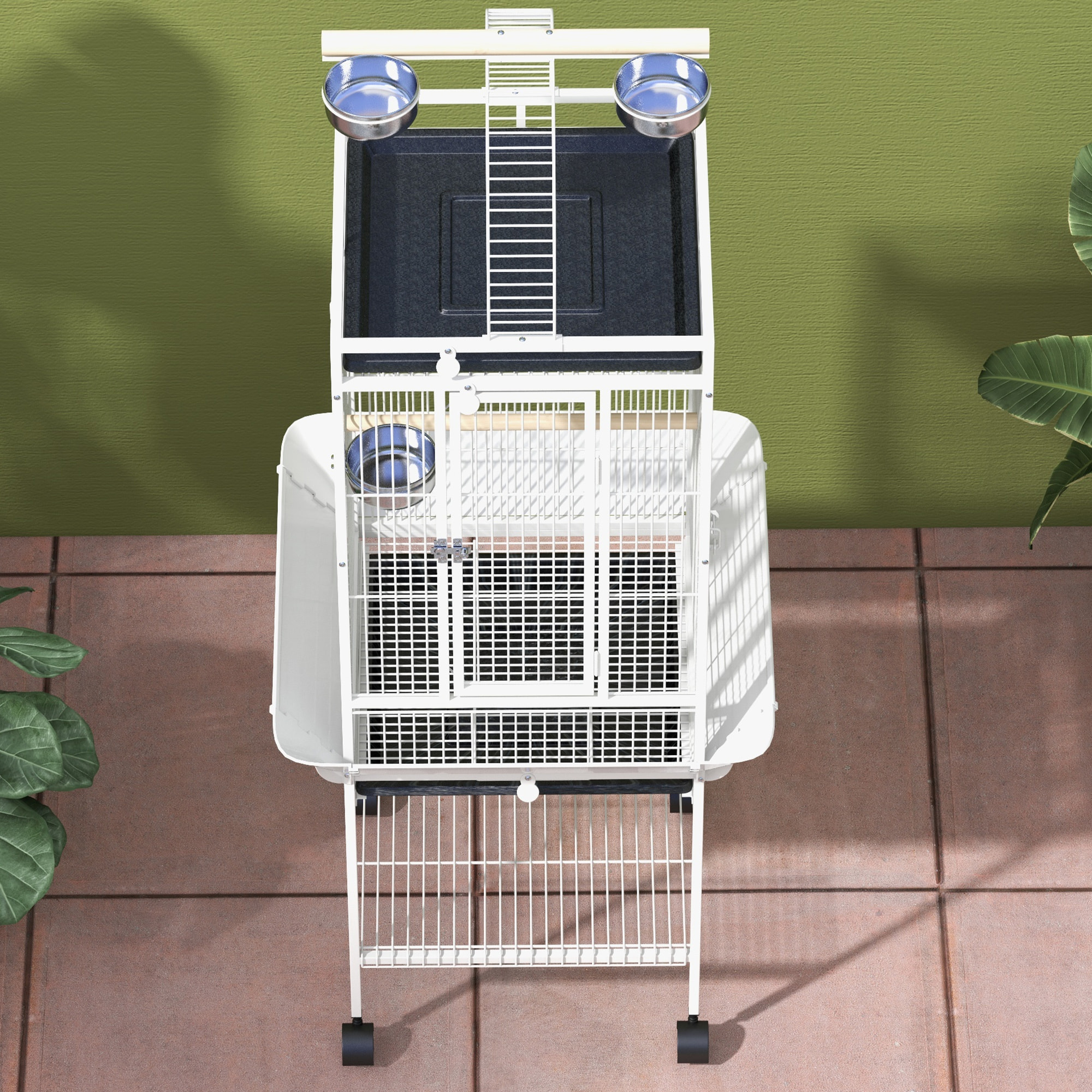 Cage oiseaux à roulettes 62 x 62 x 156 cm plateau coulissant acier blanc