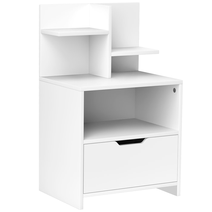 Chevet table de nuit multi-rangement tiroir niche plateau 2 étagères aspect bois blanc