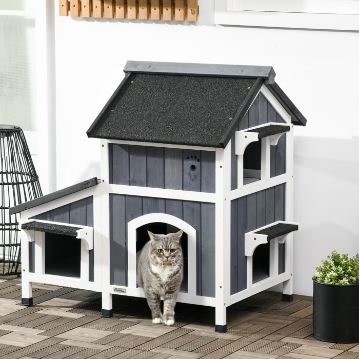 Caseta para Gatos de Madera con Macetero 96x65x85,5 cm Casa para Gatos Refugio para Gatos de 2 Niveles con Techo Asfáltico Ventana y Múltiples Entradas Gris