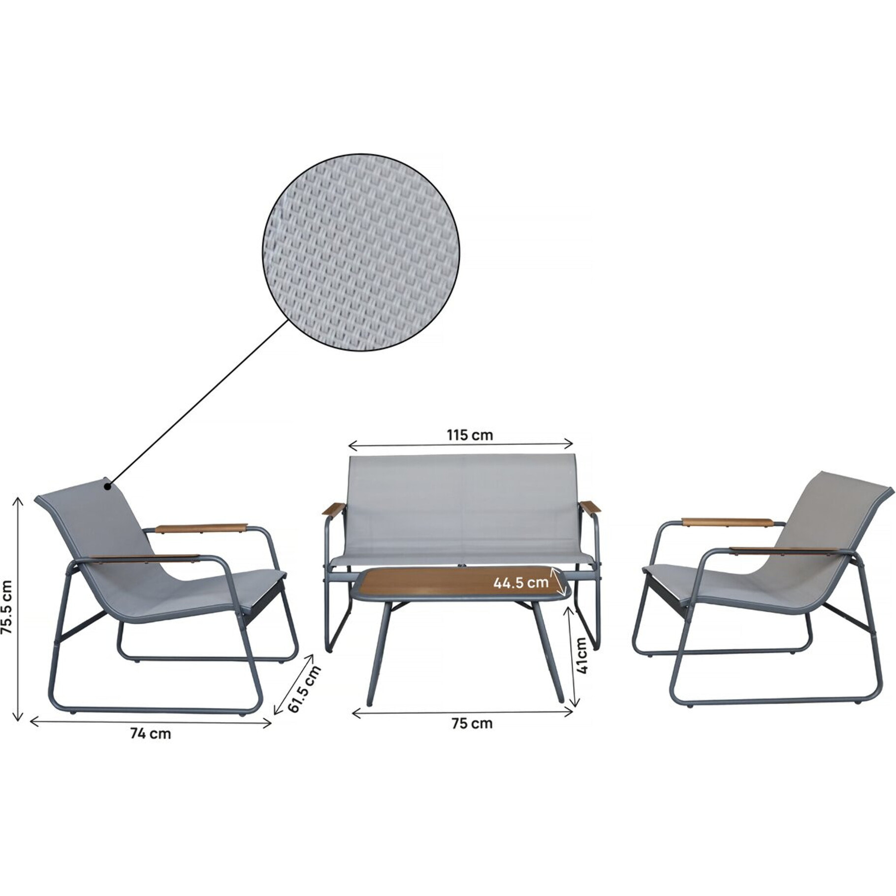 Salon de jardin en métal avec décor imitation bois "Sparta" - 4 places - Gris clair