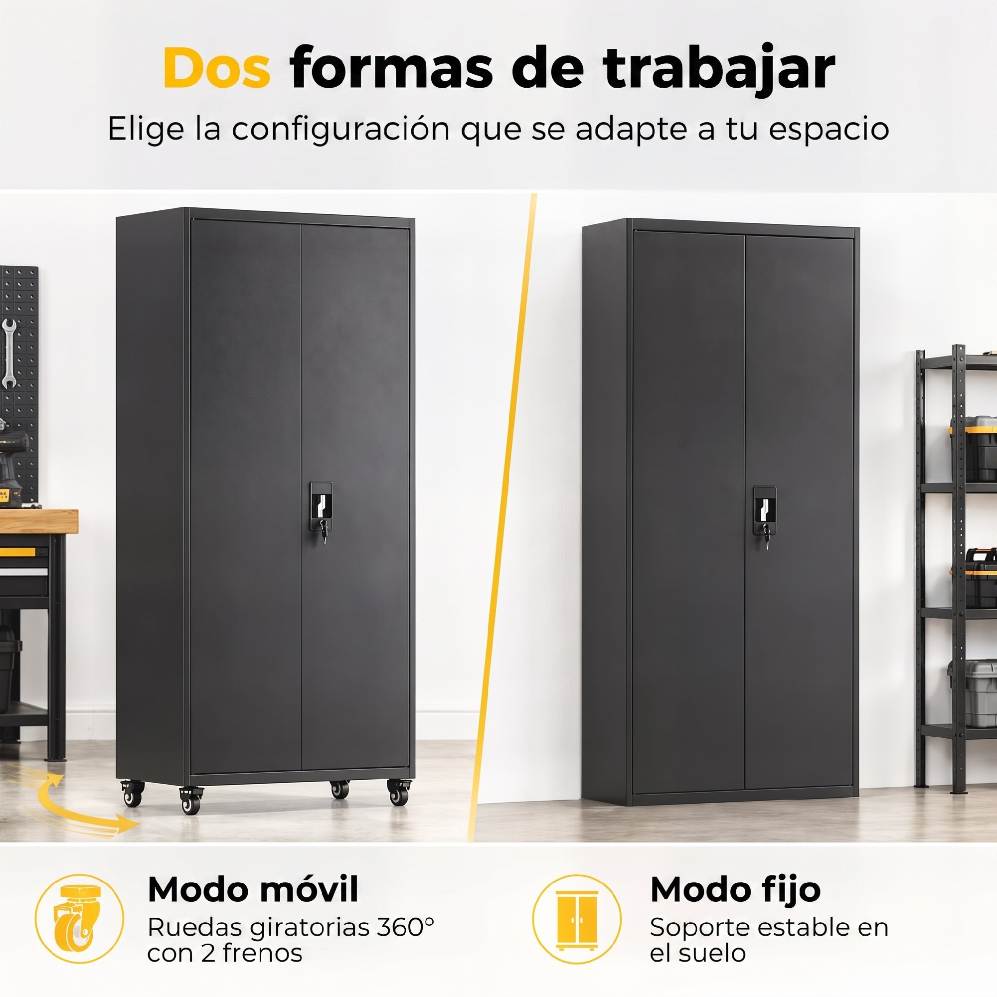 Armario de Herramientas de Acero con Ruedas con Freno, 180 cm, Carro de Herramientas con Cerradura y 4 Estantes Ajustables, Carga 250 kg, Carro de Taller para Garaje, Hogar, Oficina, Negro