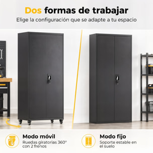 Armario de Herramientas de Acero con Ruedas con Freno, 180 cm, Carro de Herramientas con Cerradura y 4 Estantes Ajustables, Carga 250 kg, Carro de Taller para Garaje, Hogar, Oficina, Negro