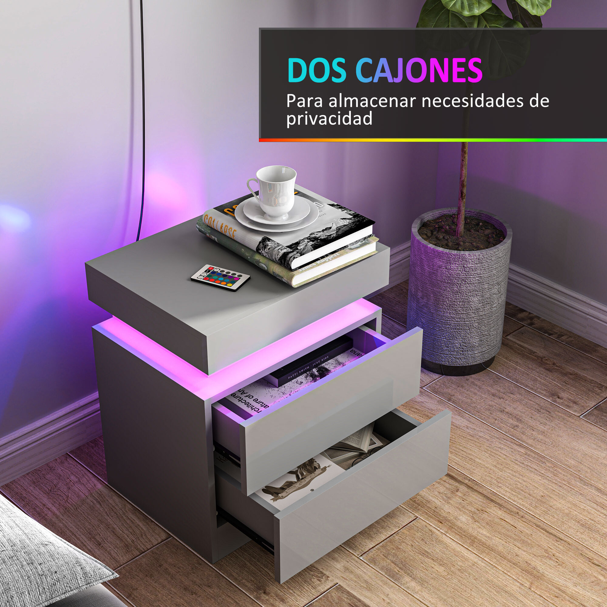 Mesita de Noche con Luces LED Mesilla de Noche con 2 Cajones y Control Remoto Mesa de Noche para Dormitorio Salón 45x35x52 cm