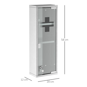 Armoire à pharmacie 2 étagères 3 niveaux 20L x 12l x 58H cm porte verre trempé symbole croix acier inox.