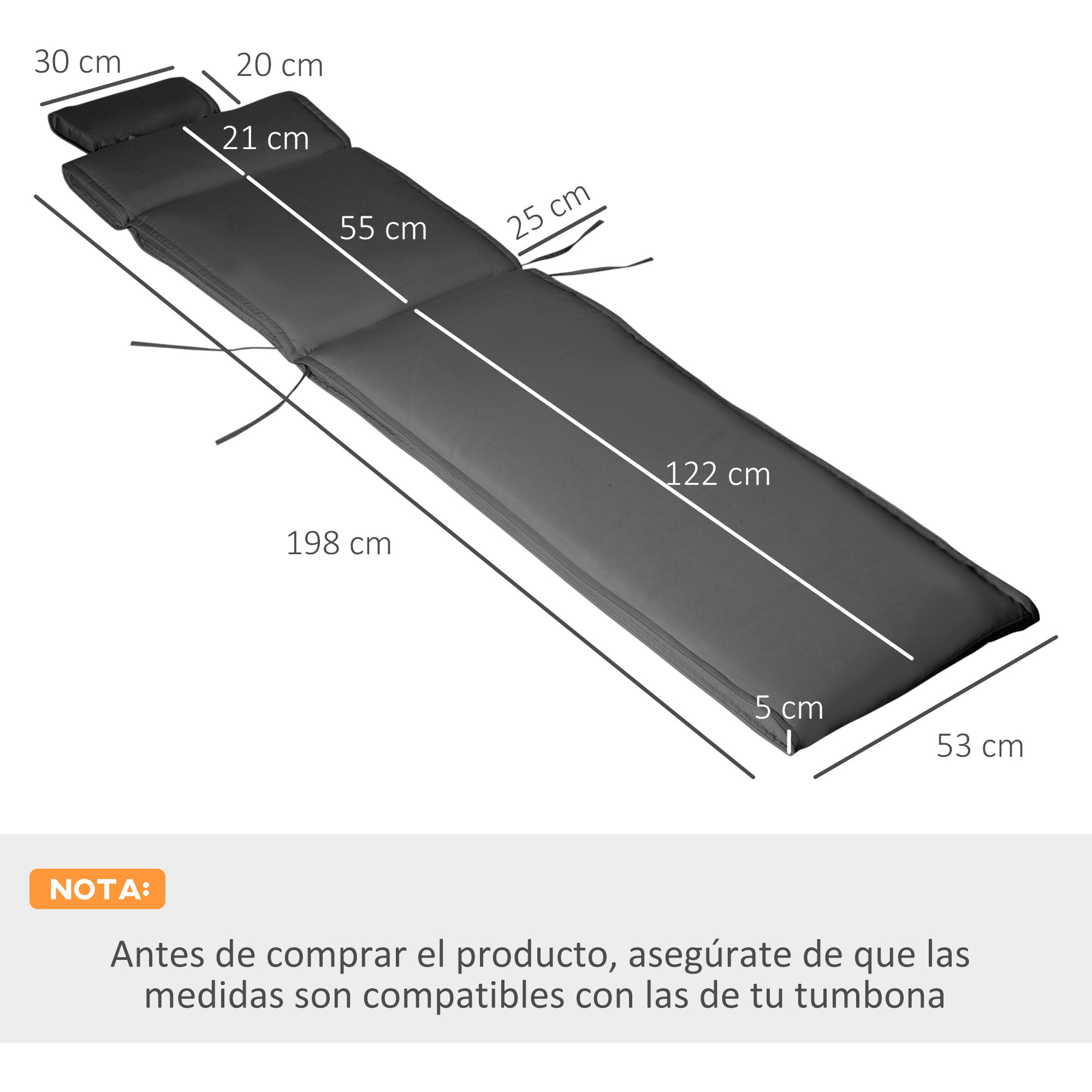 Cojín Tumbona Colchoneta Suave para Tumbona 198x53x5cm Gris