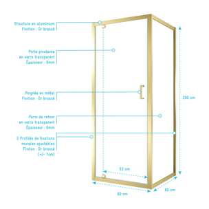 Pack Porte de Douche Pivotante 80x200cm et Retour 80cm - Profilés Or Doré Brossé - Verre 6mm