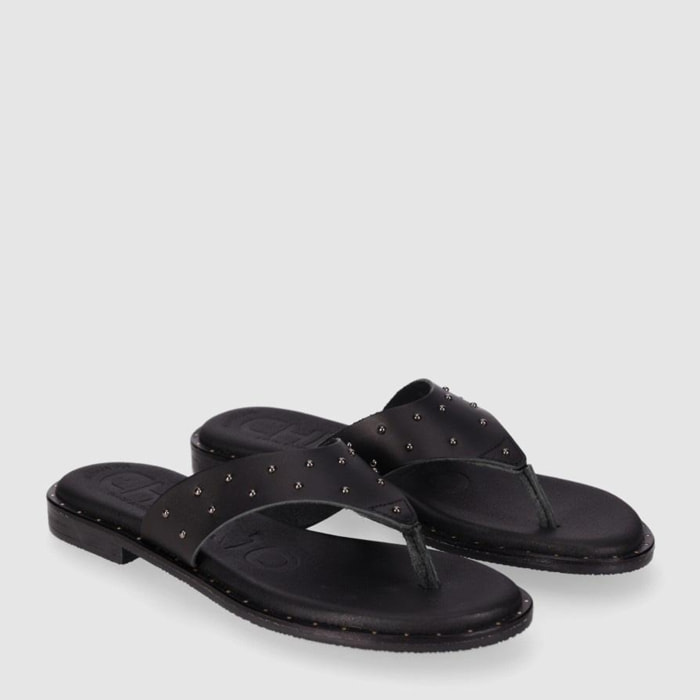 Sandalias de Piel - Negro - Tacón: Bajo