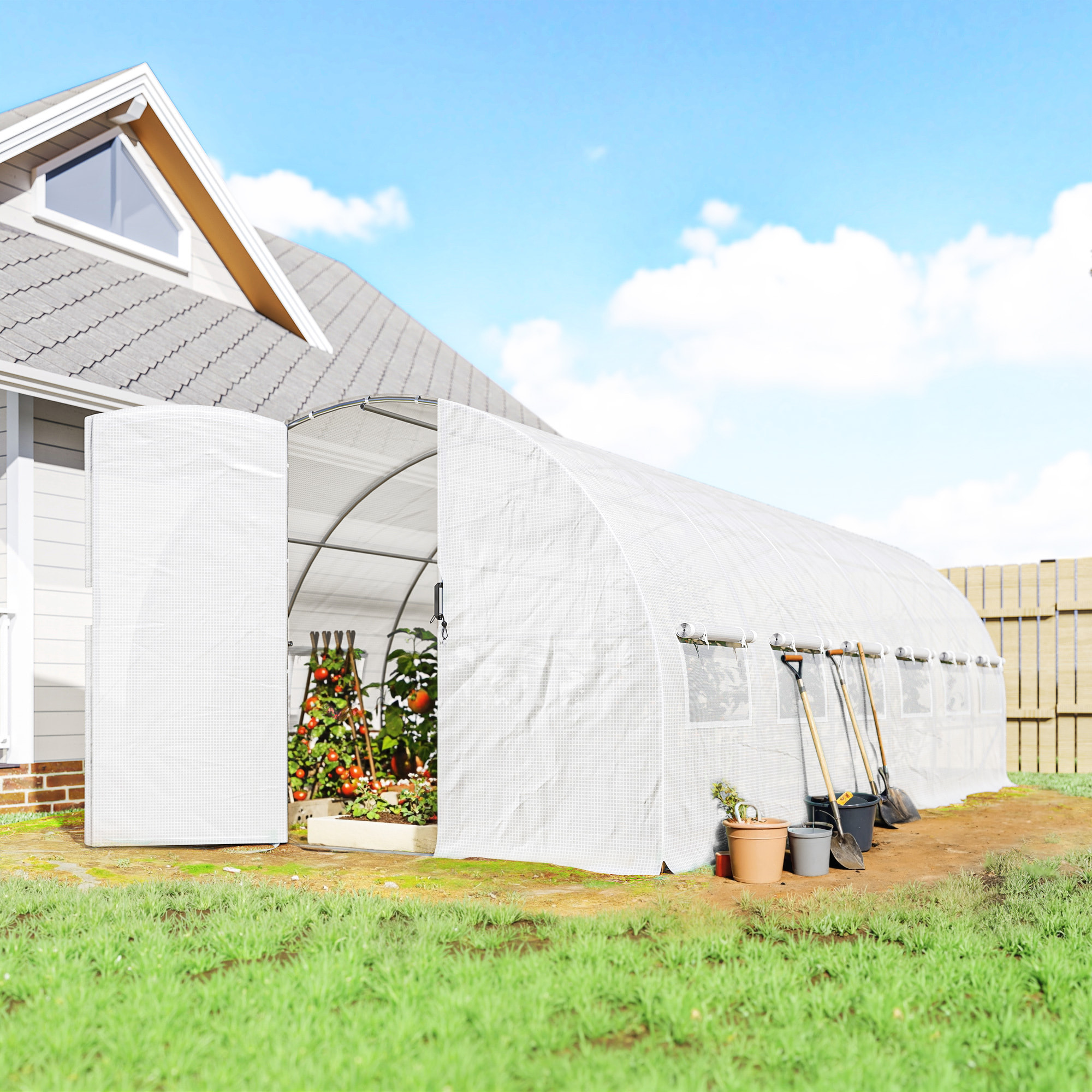 Invernadero de Exterior 6x3x2 m, Invernadero de Túnel con Puerta con Bisagras, Ventanas de Malla, Cubierta PE 140g/m² y Marco de Acero Galvanizado, Anti-UV, Impermeable, para Cultivos, Blanco