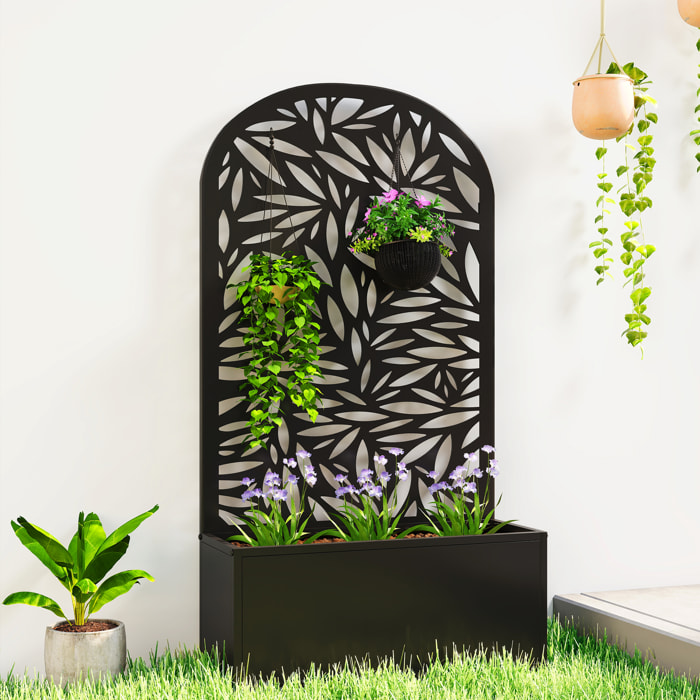 Jardinera Exterior Grande de Metal, Jardinera con Pantalla de Privacidad Curva de Hojas Decorativas, Macetero de Pared o Independiente para Plantas Trepadoras, Patio, 61x23x113 cm, Negro