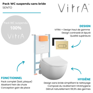Pack WC suspendu VITRA Sento blanc mat + bâti autoportant V-Fix Core + Plaque Round or brossé