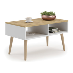 Tavolino da salotto SANDI scandinavo bianco e rovere Artisan con ripiano