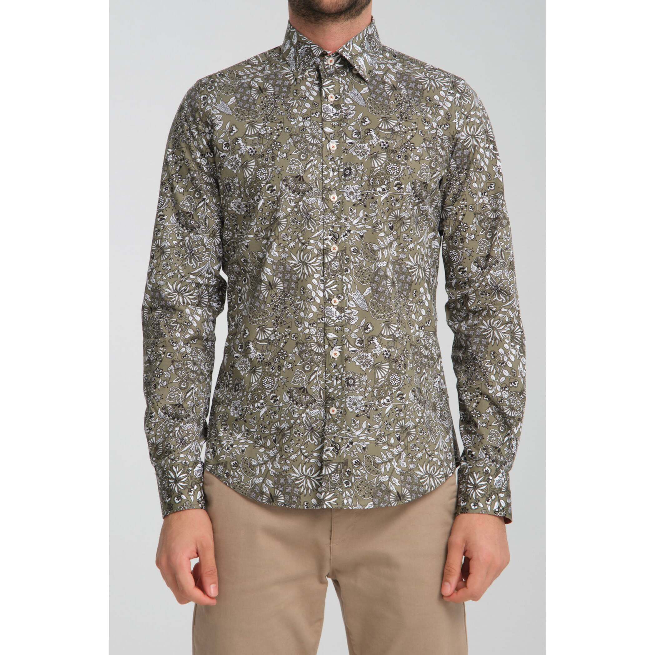 camicia uomo 1 bottone button down slim Popeline Stretch Stampato Verde Bianco
