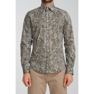 camicia uomo 1 bottone button down slim Popeline Stretch Stampato Verde Bianco
