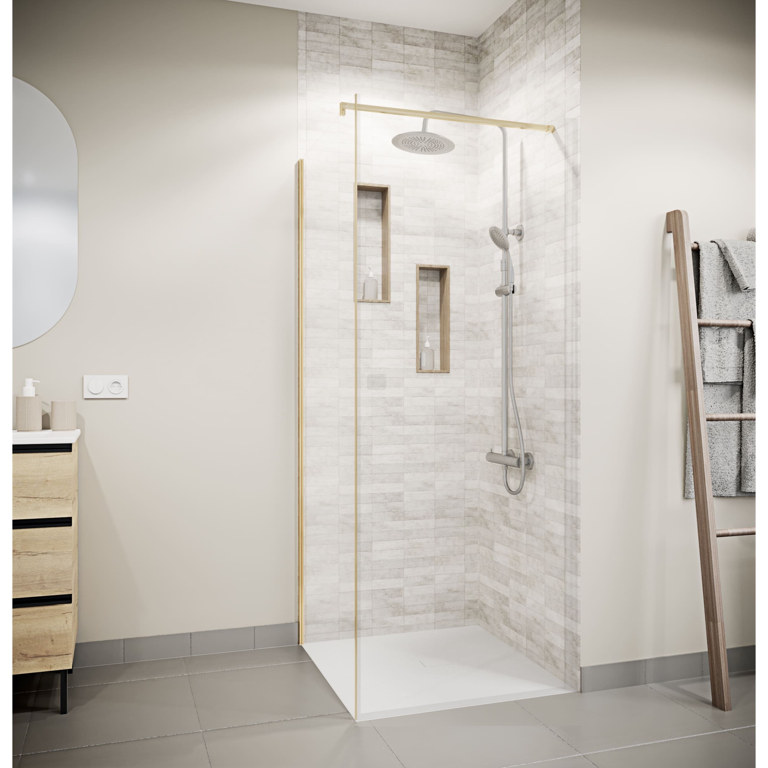 Retour pour Porte de Douche 80x195cm Verre Trempe 8mm Anticalcaire - Alu Or Brosse - GOLD ELEMENTARY