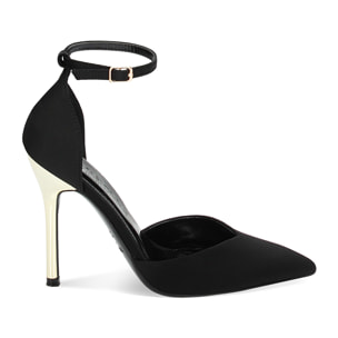 Décolleté Open Shank nere in tessuto, tacco 10,5 cm